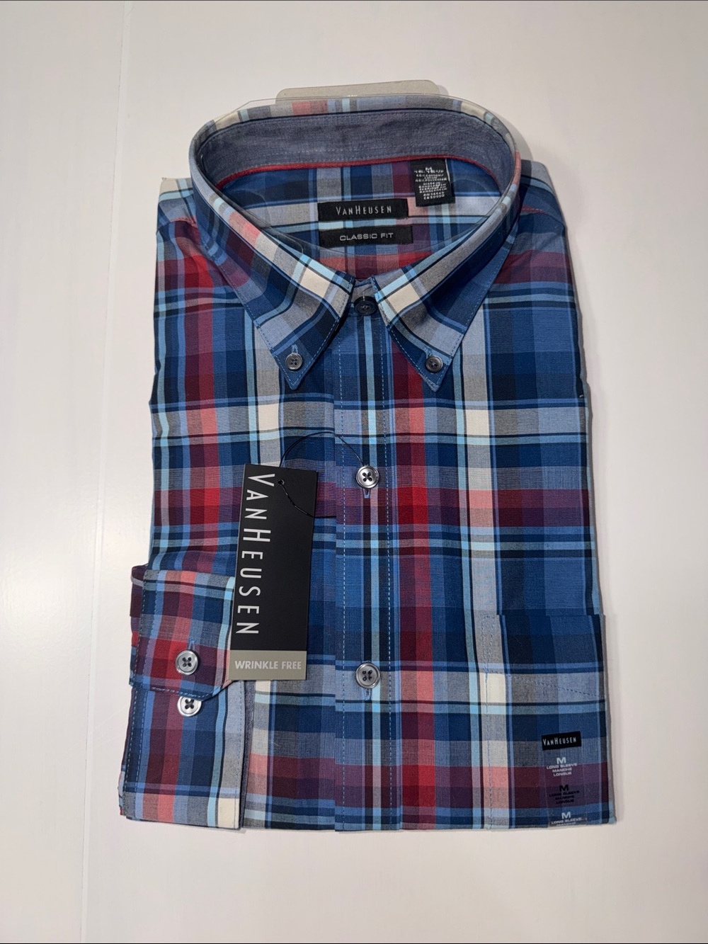 Van Heusen Button-Down Shirt in Blue, Red & White Plaid M NWT